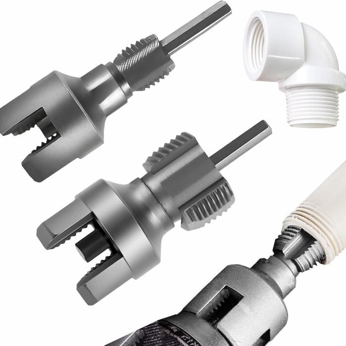 2 in1 Integrated Internal & External Pipe Threading Tool, 2Pcs Dual-Function PVC Pipe Threader Set 1/2" and 3/4" Dies with Hex Shank, Pipe Thread Cutting Tool, PVC Thread Maker Tool for Electric Drill