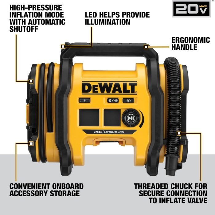 DEWALT Tire Inflator Portable Air Compressor 20V MAX, Air Pump with Automatic Shut Off, LED Light, Tool Only (DCC020IB)