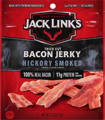 Jack Link's Bacon Jerky, Hickory Smoked - Flavorful Ready to Eat Meat Snack with 11g of Protein per Serving, Made with 100% Thick Cut Real Bacon, Protein Snack, Keto Friendly, 2.5 oz. (Pack of 4)