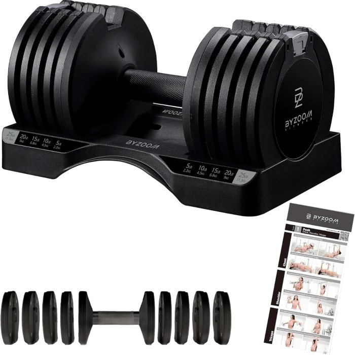 BYZOOM FITNESS Adjustable Dumbbell – 12.5/25lb Single Unit OR Set of 2 – 5-in-1 Adjustable Weight for Home Gym. Strength Training & Fitness Workouts. White OR Black