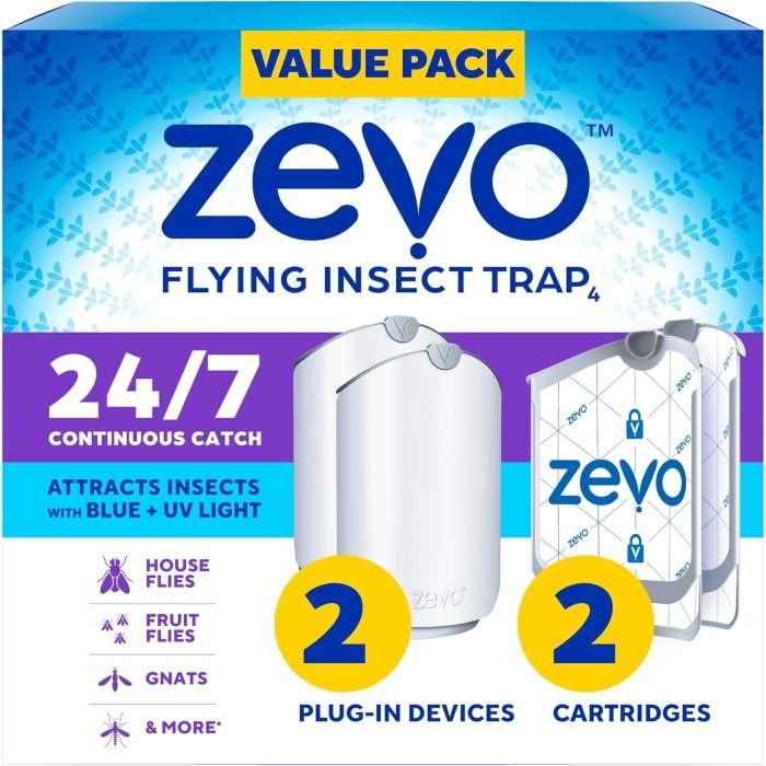 Zevo 2 Flying Insect Traps & 2 Refill Cartridges - Plug in Fly Trap & Indoor Bug Catcher for Gnats. House & Fruit Flies - Blue & UV Light Technology. Mess-Free Alternative to Bug Zapper