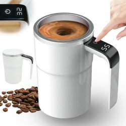 Automatic Magnetic Stirring Coffee Mug with Temperature Display. Rechargeable Stirring Mugs. Multifunctional Spin Mug Birthday Gift for Home Office Kitchen Travel Birthday Gift (White)