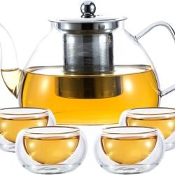 1200ml/40 oz Glass Teapot with 4 Double Wall Teacups and Removable Stainless Steel Infuser. Tea Sets for Adults. Clear Tea Kettle Stovetop Safe for Loose Leaf and Blooming Tea.Gifts for Christmas