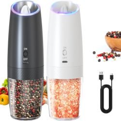 CIRCLE JOY Rechargeable Salt and Pepper Grinder Set Gravity Electric Salt and Pepper Grinder Set. LED Light. Adjustable Coarseness. for Home Kitchen BBQ. Black & White