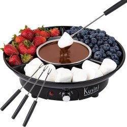 Kusini Electric Fondue Pot Set - Chocolate and Cheese Fondue - Temperature Control, Detachable Serving Trays, & 4 Roasting Forks - Gift Set & Date Night Idea. Serve at Movie Night or Game Night.