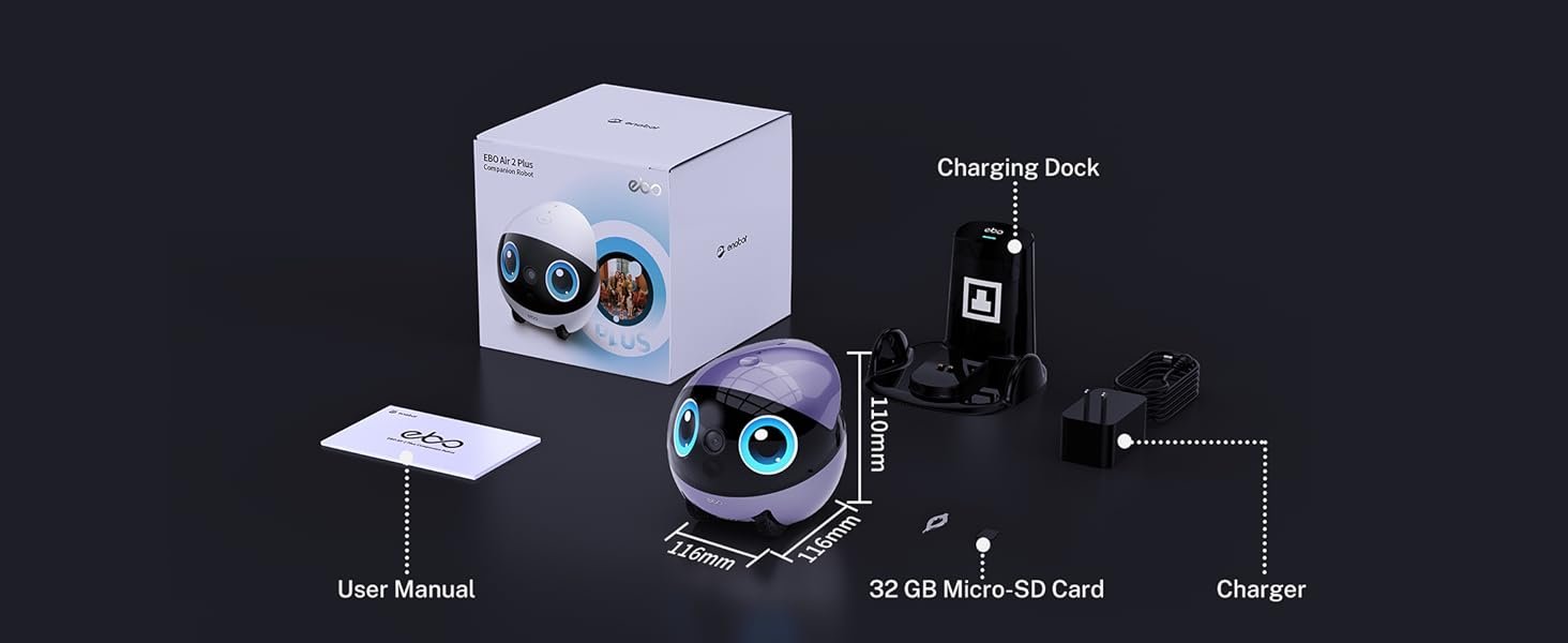 Indoor Security Camera Robot EBO Air 2 PLUS: 2K Pet Camera. Movable Home Robot. Custom Facial Expression. Auto-Recharge. Battery-Operated. 2-Way Talk. Night Vision. 32GB Memory Card