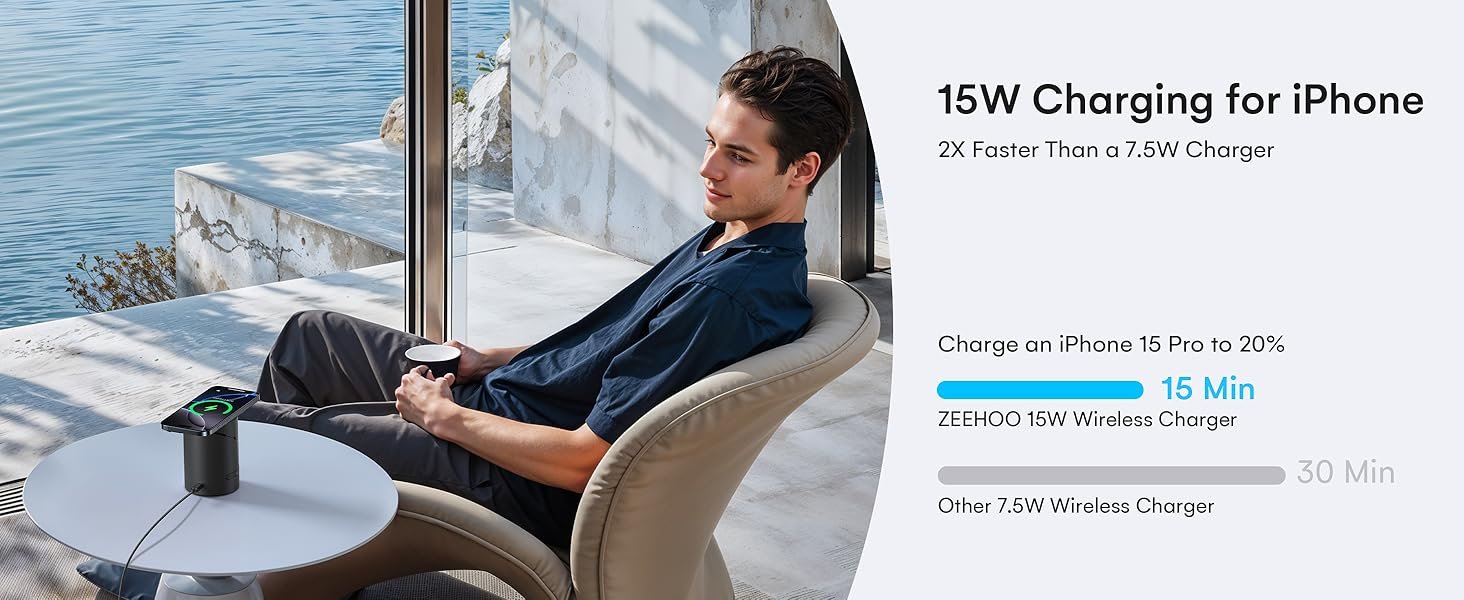 ZEEHOO 3 in 1 Charging Station for Apple Devices. Mag-Safe Charger Stand. Qi2 15W Auto-Rotating Wireless Charger for iPhone 17 16/15/14/13/12 Series& AirPods& iWatch(Black)