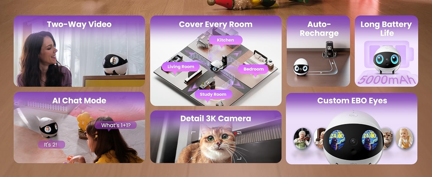 Indoor Security Camera Robot EBO Air 2 PLUS: 2K Pet Camera. Movable Home Robot. Custom Facial Expression. Auto-Recharge. Battery-Operated. 2-Way Talk. Night Vision. 32GB Memory Card