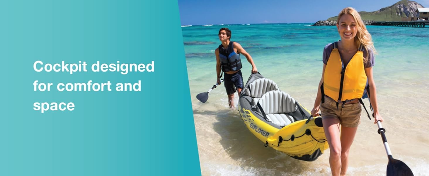 Intex 68307EP Explorer K2 Inflatable Kayak Set: Includes Deluxe 86in Aluminum Oars and High-Output Pump – SuperStrong PVC – Adjustable Seats with Backrest – 2-Person – 400lb Weight Capacity