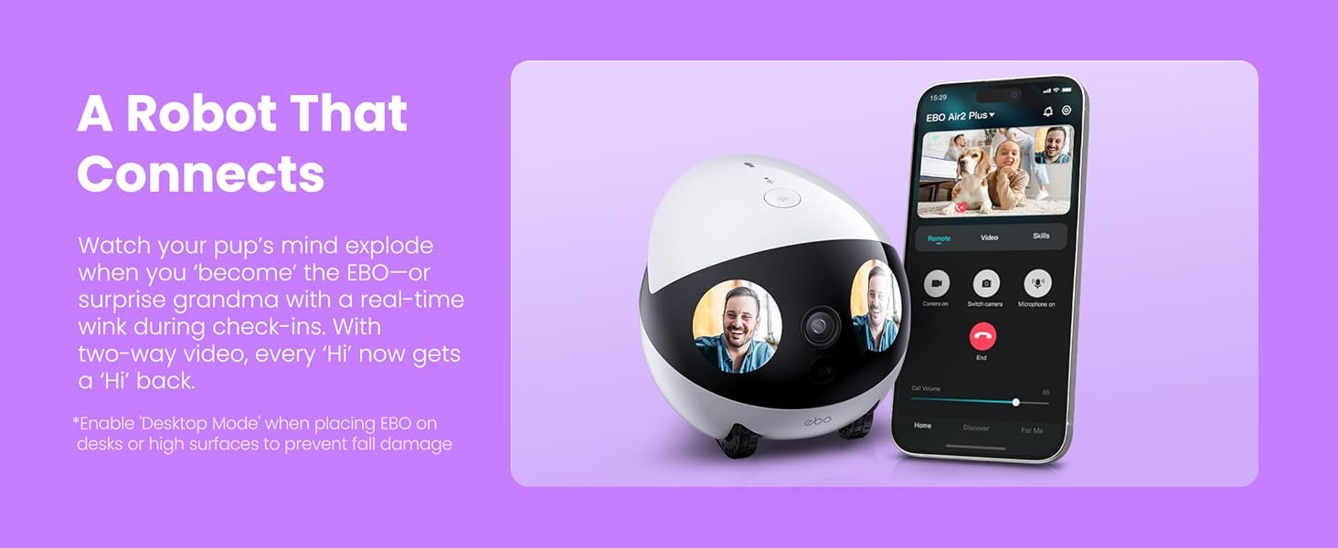 Indoor Security Camera Robot EBO Air 2 PLUS: 2K Pet Camera. Movable Home Robot. Custom Facial Expression. Auto-Recharge. Battery-Operated. 2-Way Talk. Night Vision. 32GB Memory Card