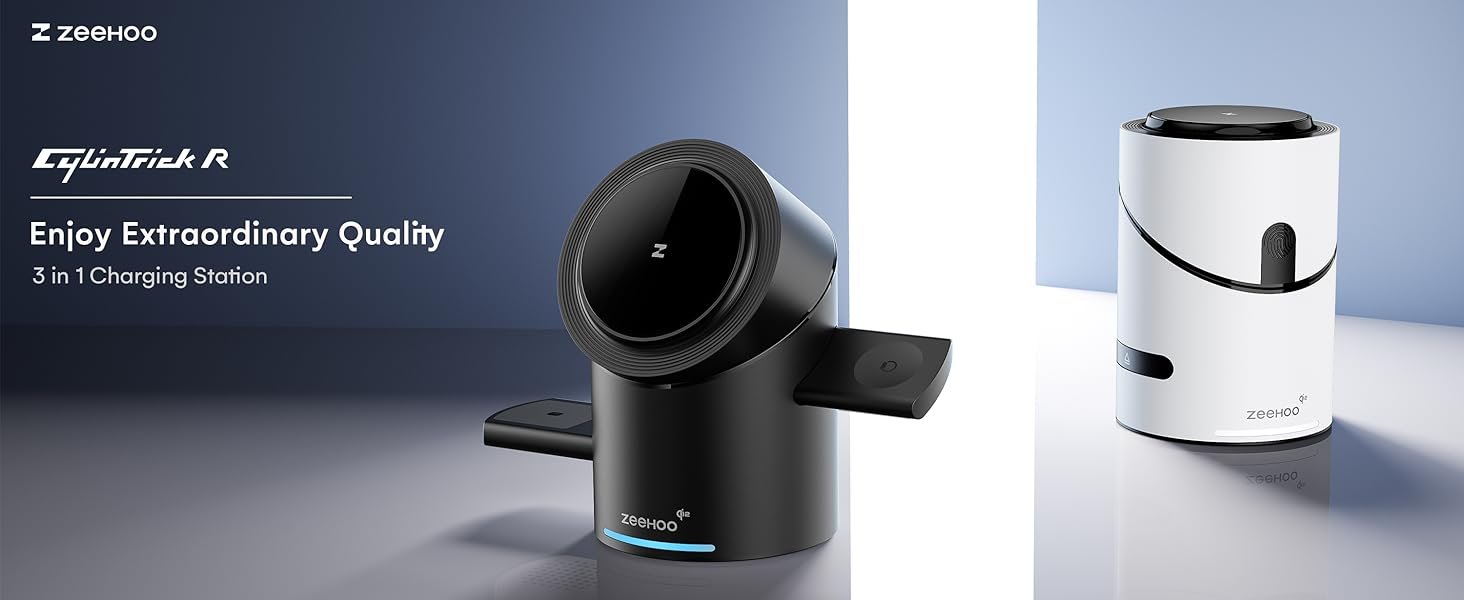 ZEEHOO 3 in 1 Charging Station for Apple Devices. Mag-Safe Charger Stand. Qi2 15W Auto-Rotating Wireless Charger for iPhone 17 16/15/14/13/12 Series& AirPods& iWatch(Black)