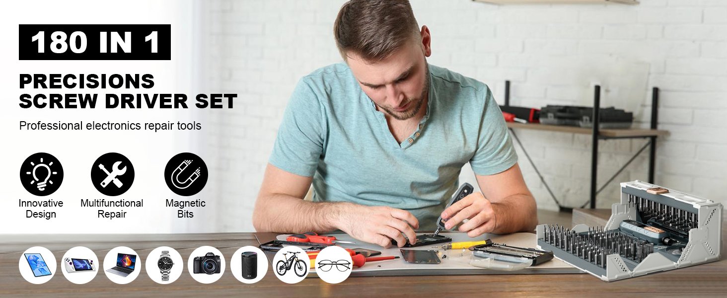 Electric Precision Screwdriver Set. 180 in 1 Cordless Screwdriver. 3 Torque Settings with 160 Magnetic Precision Bits for Computer. Laptop. iPhone. PS5. Xbox. Watch. Jewelry. Eyeglasses