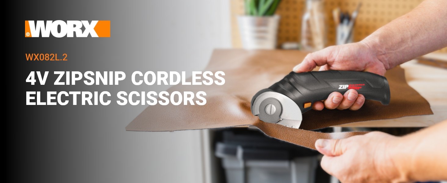 Worx Zipsnip Cordless Electric Scissors, Rechargeable Cardboard Box Cutter, 4V Powerful Fabric Scissors with 2 Safety Blades & Storage Bag WX082L.2