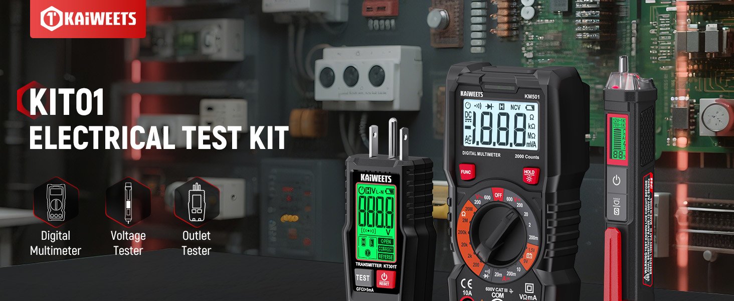 KAIWEETS Electrical Test Kit KIT01, Digital Multimeter, Smart Non-Contact Voltage Tester & GFCI Outlet Tester with LCD, Complete Set with Carrying Case & Batteries for Electrician, DIY & HVAC