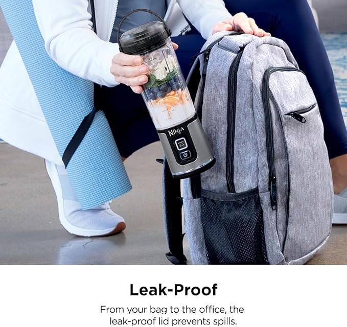 Ninja Blast Portable Blender. 30-second blend. BlastBlade(TM) Assembly. Crushes Ice. under 800g. Sip Lid. BPA Free. Re-chargeable Base. USB-C Charging Cord. 470ML. Ninja BC151SMCR. Cranberry Red