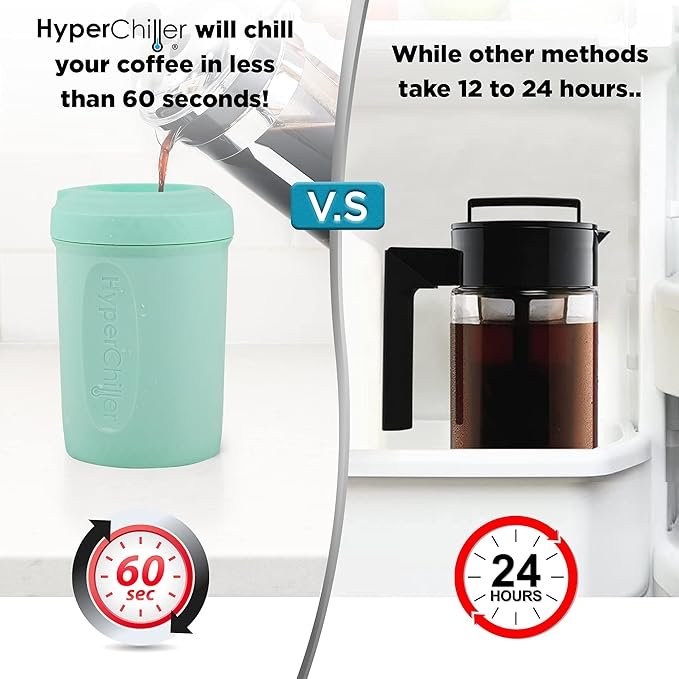 HyperChiller HC2M Patented Iced Coffee/Beverage Cooler. NEW. IMPROVED.STRONGER AND MORE DURABLE! Ready in One Minute. Reusable for Iced Tea. Wine. Spirits. Alcohol. Juice. 12.5 Oz. Mint Blue