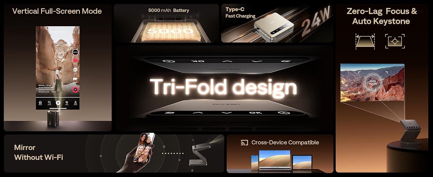 Aurzen ZIP Tri-Fold DLP Truly Mini Projector. Pocket Size. Zero-Lag Focus. One-Click Screen Mirroring. Full-Screen Mode. Type-C Fast Charging. 5.000mAh Battery. Indoor Outdoor Portable Projector.Gold