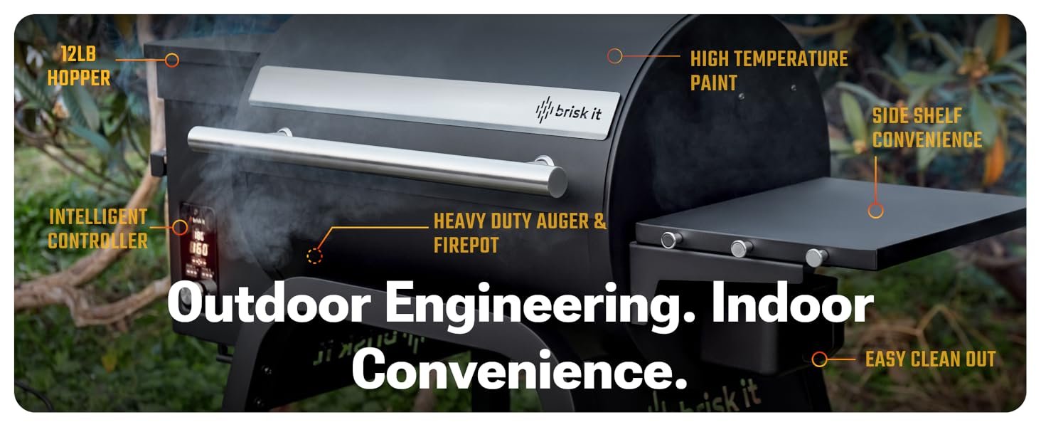 Brisk It Zelos-450 Electric Wood Pellet Smoker Grill – A.I. Smart BBQ Grill with WiFi. 7-in-1 Outdoor Grill & Smoker. PID Controller (Up to 500°F). 450 sq.in Cooking Area. Meat Probe