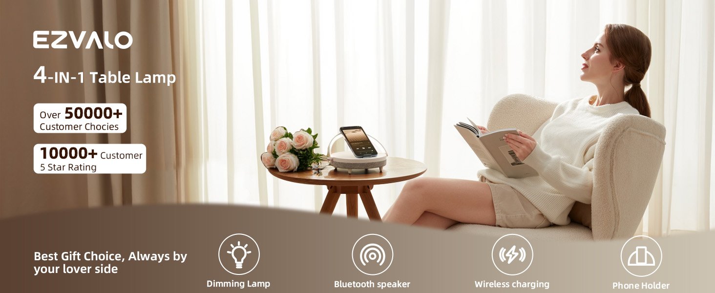 EZVALO Gifts for Women. 4-in-1 Portable Bluetooth Speaker. Bedside Lamp with Wireless Charger. Dimmable Night Light and Phone Holder. Christmas and Birthday Gifts for Teens. Families and Friends