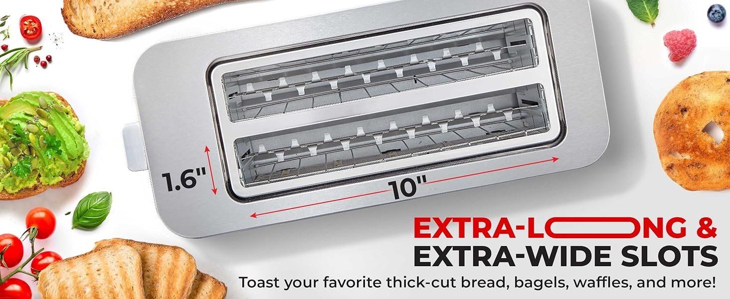 Mueller UltraToast Full Stainless Steel Toaster 4 Slice. Long Extra-Wide Slots for Bagels and Waffles. 6 Browning Levels. LED Display. Cancel/Defrost/Reheat Functions & Removable Tray. Kitchen Gadgets