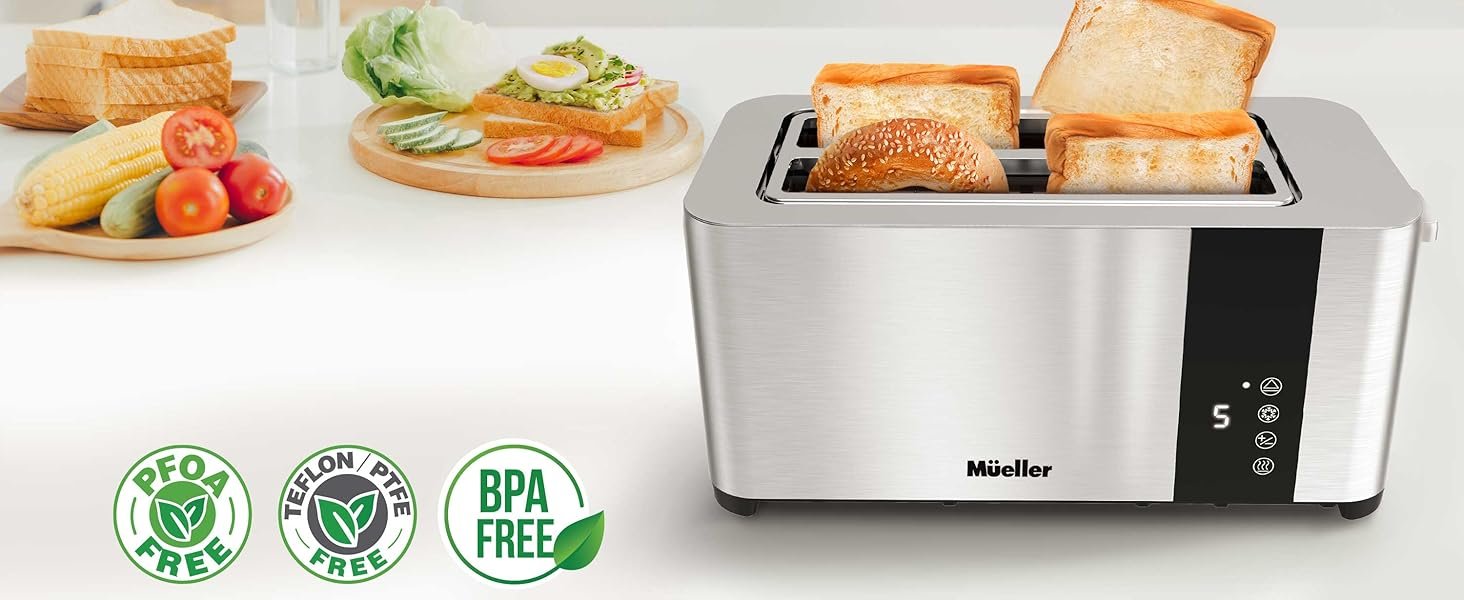 Mueller UltraToast Full Stainless Steel Toaster 4 Slice. Long Extra-Wide Slots for Bagels and Waffles. 6 Browning Levels. LED Display. Cancel/Defrost/Reheat Functions & Removable Tray. Kitchen Gadgets