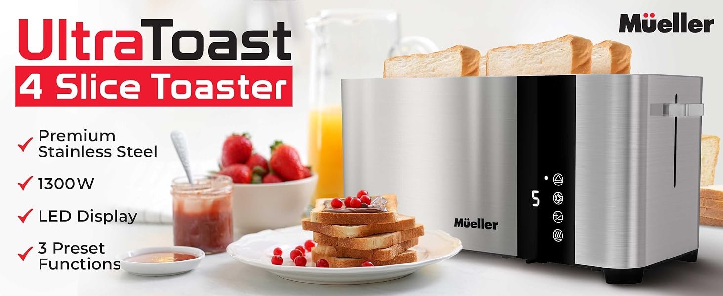 Mueller UltraToast Full Stainless Steel Toaster 4 Slice. Long Extra-Wide Slots for Bagels and Waffles. 6 Browning Levels. LED Display. Cancel/Defrost/Reheat Functions & Removable Tray. Kitchen Gadgets