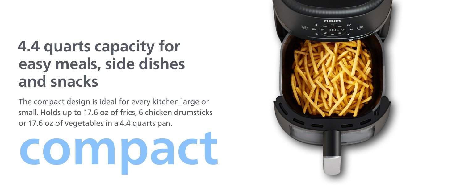 Philips 2000 Series Airfryer - RapidAir Technology. 13-in-1 Ways to Cook. 4.4QT Capacity. Healthier Meals Up to 90% Less Fat. Easy to Clean. Dishwasher Safe. Touchscreen Control. HomeID App (NA221/00)