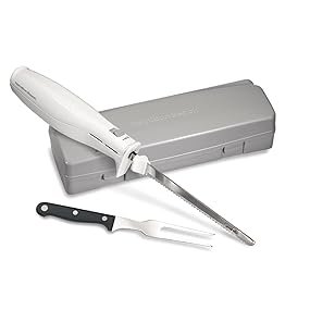 Hamilton Beach Electric Knife Set for Carving Meats. Poultry. Bread. Crafting Foam & More. Reciprocating Serrated Stainless Steel Blades. Ergonomic Design Storage Case + Fork Included. 5Ft Cord. White
