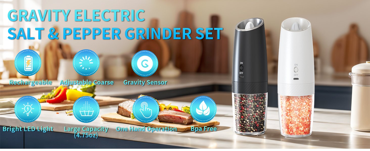 CIRCLE JOY Rechargeable Salt and Pepper Grinder Set Gravity Electric Salt and Pepper Grinder Set. LED Light. Adjustable Coarseness. for Home Kitchen BBQ. Black & White