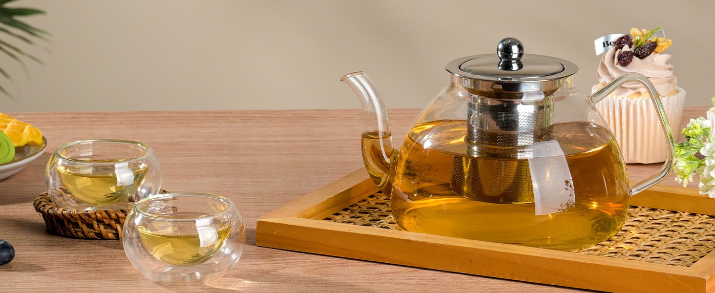 1200ml/40 oz Glass Teapot with 4 Double Wall Teacups and Removable Stainless Steel Infuser. Tea Sets for Adults. Clear Tea Kettle Stovetop Safe for Loose Leaf and Blooming Tea.Gifts for Christmas